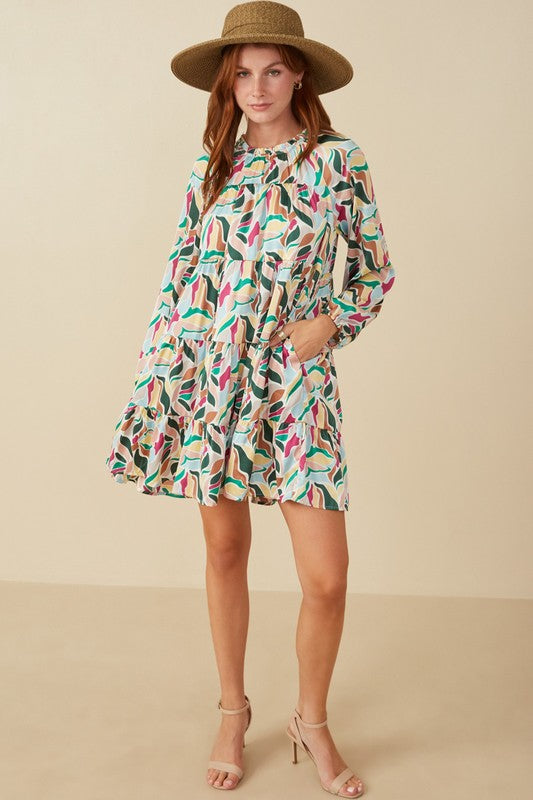 Abstract Floral Tier Ruffle Dress