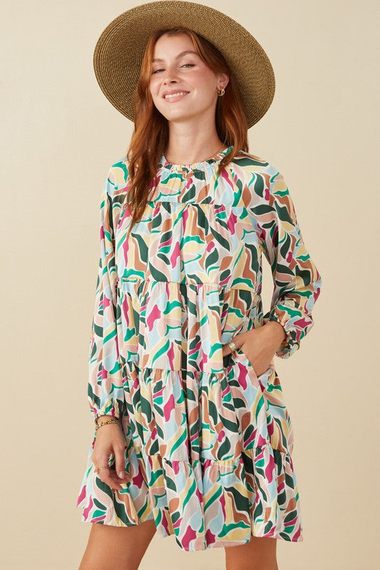 Abstract Floral Tier Ruffle Dress