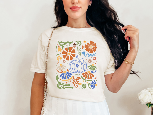 Blue Floral Pumpkin Graphic Tee in Two Colors