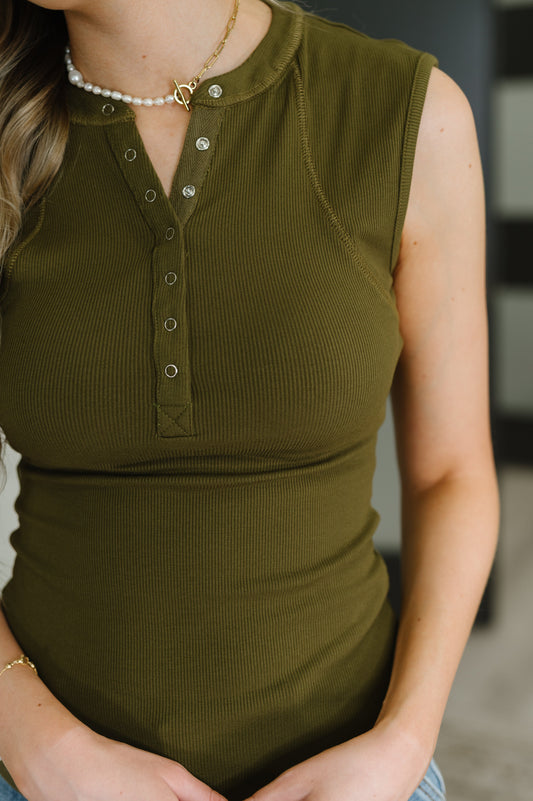 Everyday Edge Knit Henley Tank in Camo Green