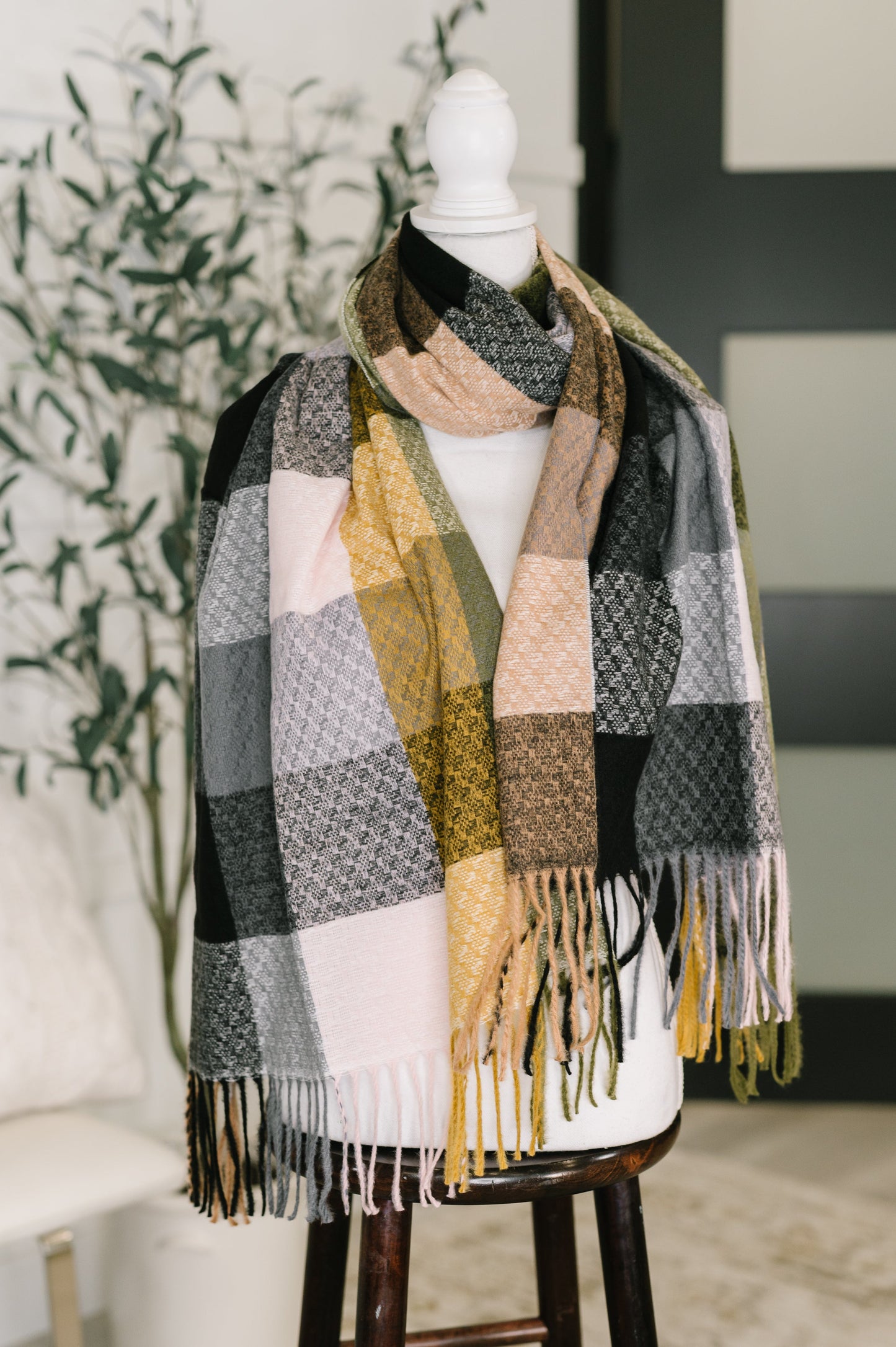 Keep Me Cozy Checkered Fringe Scarf in Woodland Shades