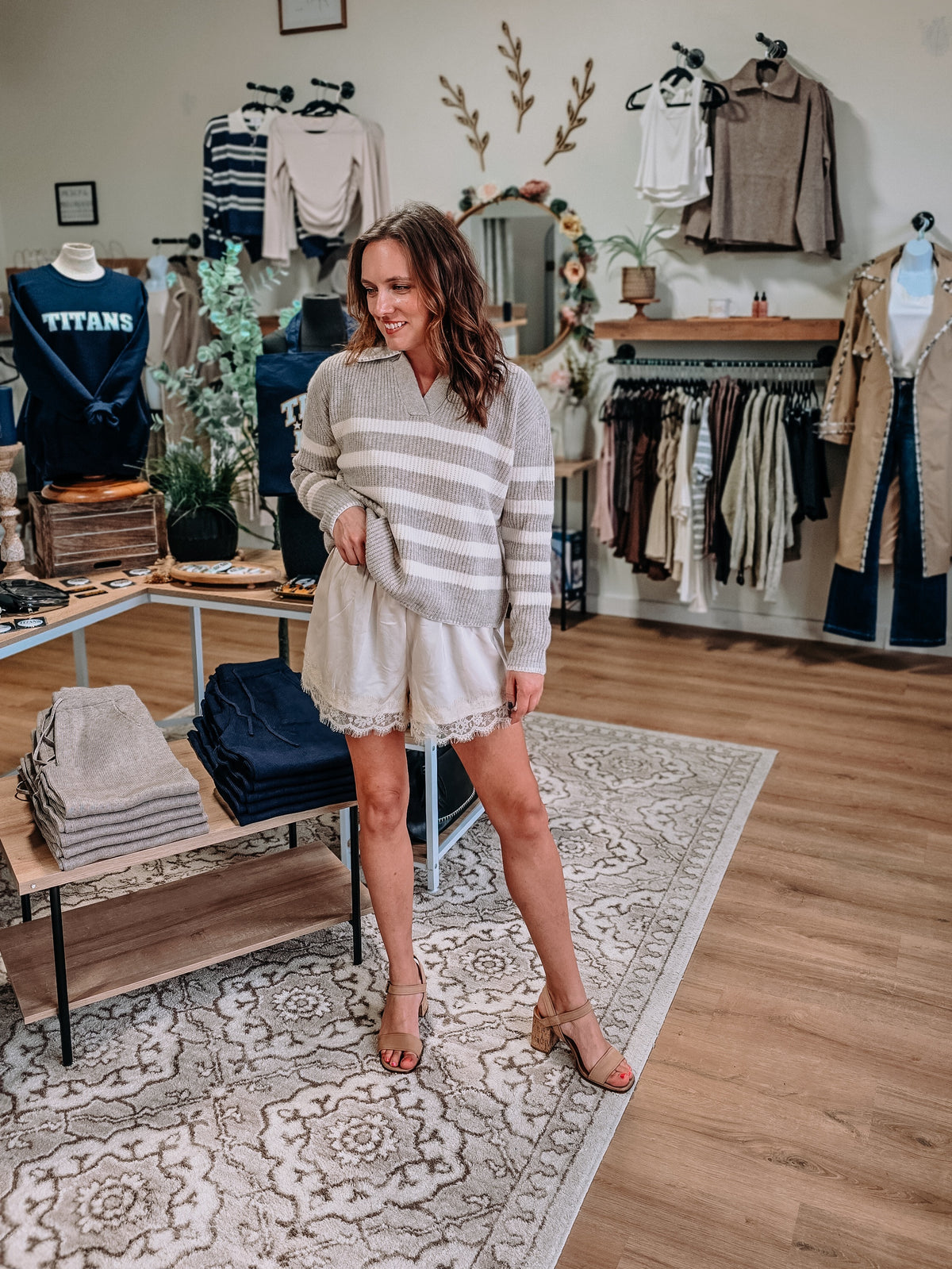 Light Taupe Striped V-Neck Sweater