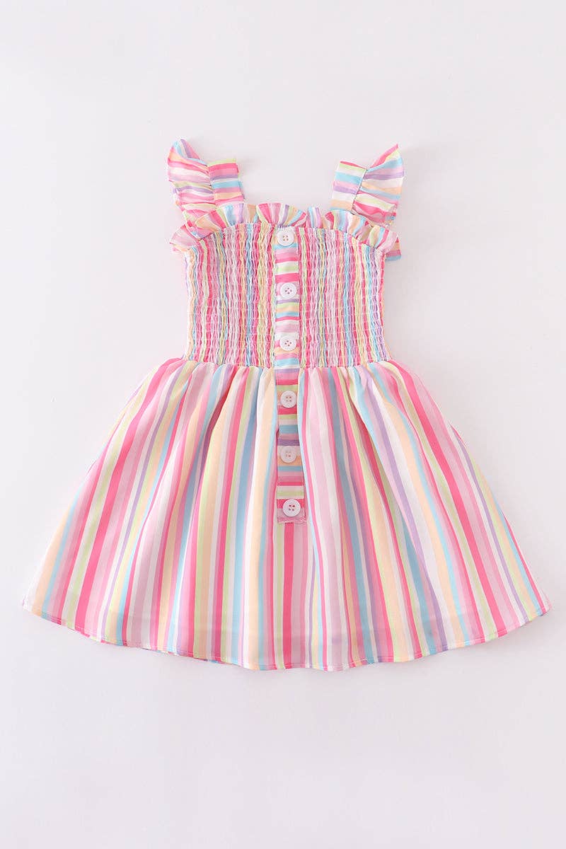 Kids - Pink Stripe Smocked Ruffle Dress