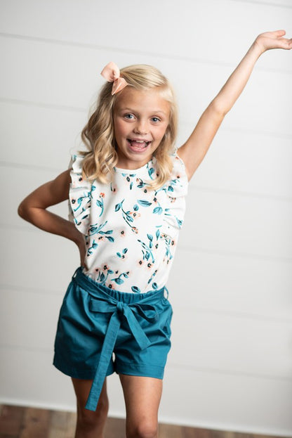 Kids White & Teal Floral Ruffle Shorts Set