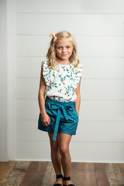 Kids White & Teal Floral Ruffle Shorts Set