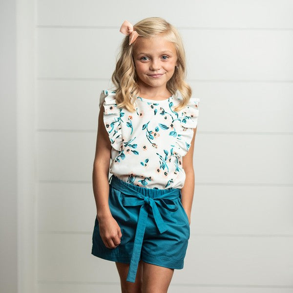 Kids White & Teal Floral Ruffle Shorts Set