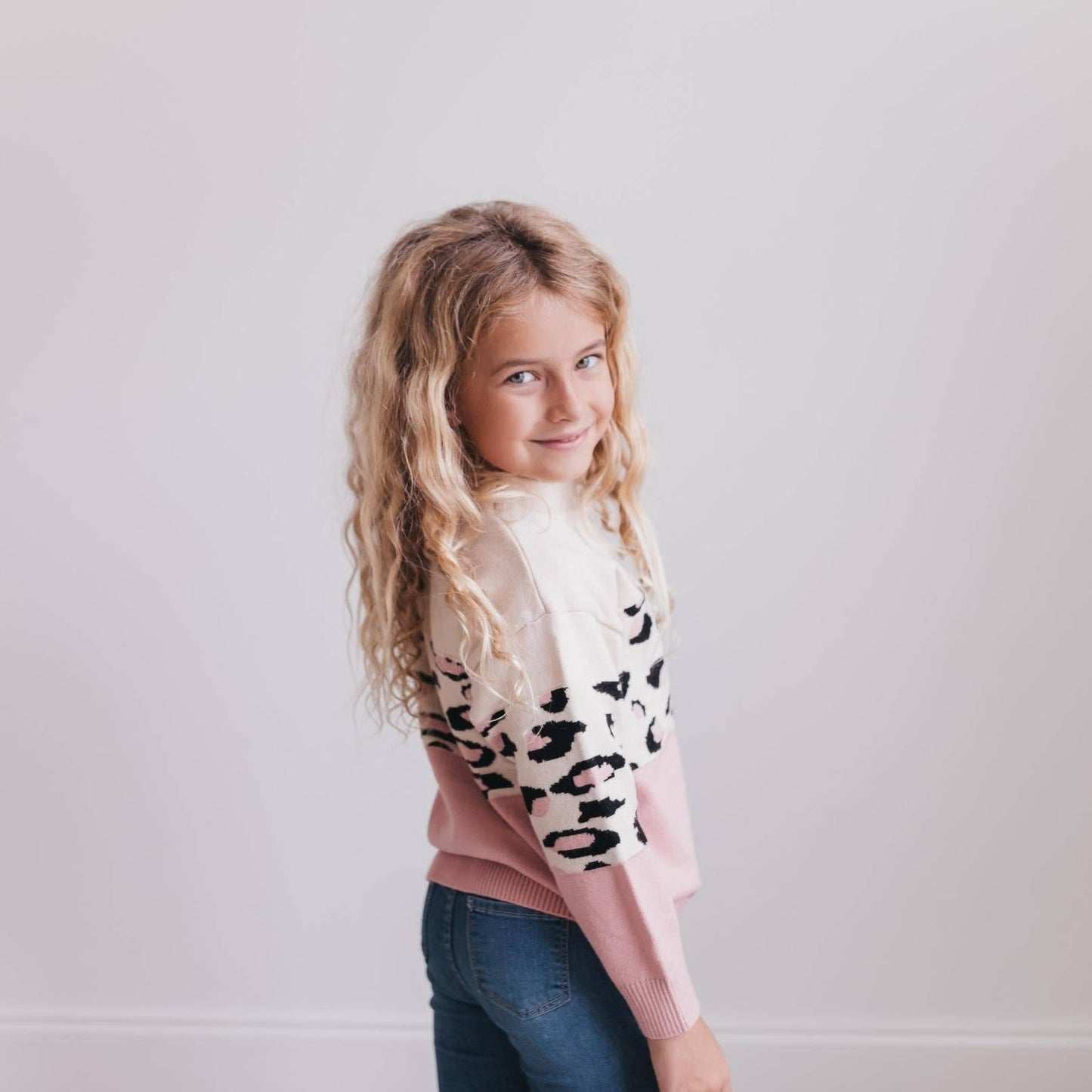 Kids Pink Cream Leopard Crew Neck Fall Winter Sweater