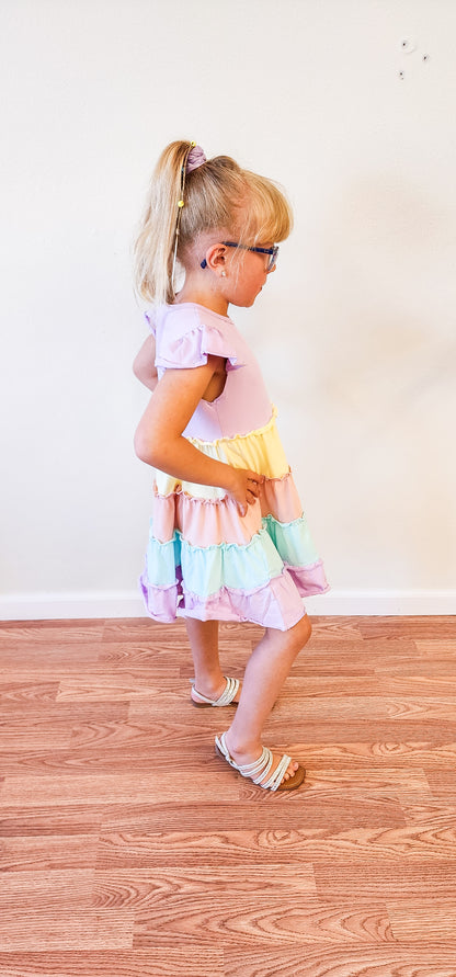 Kids - Lavender Rainbow Ruffle Tiered Dress