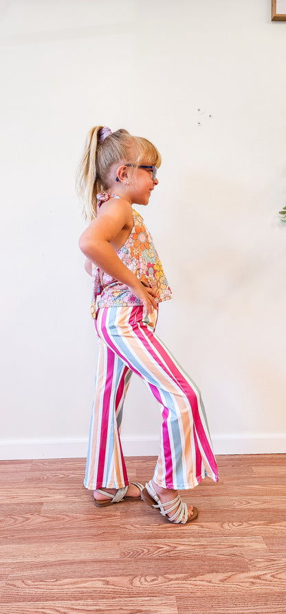 Kids - Floral Print Stripe Girl Bell Pant Set
