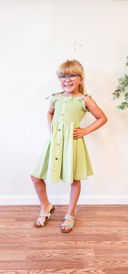 Kids - Green Smocked Strap Button Dress