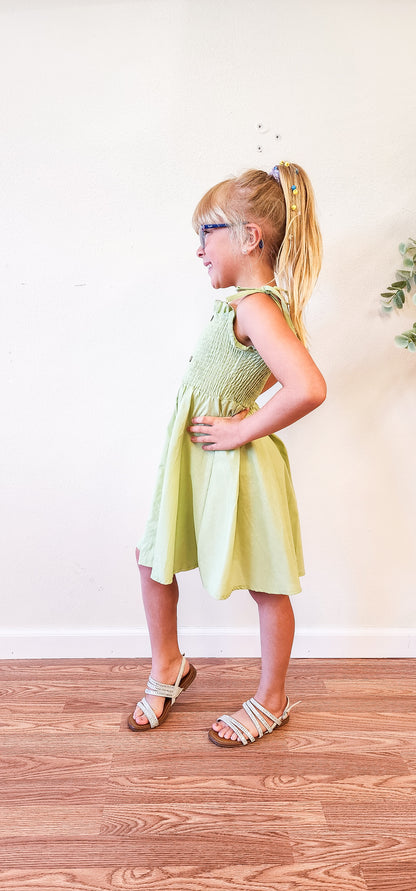 Kids - Green Smocked Strap Button Dress