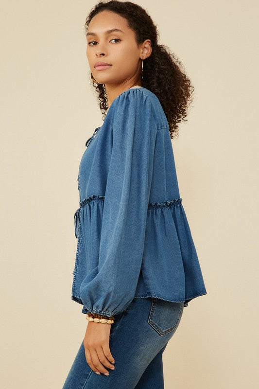 Ruffle Detail Denim Tie Front Cardigan