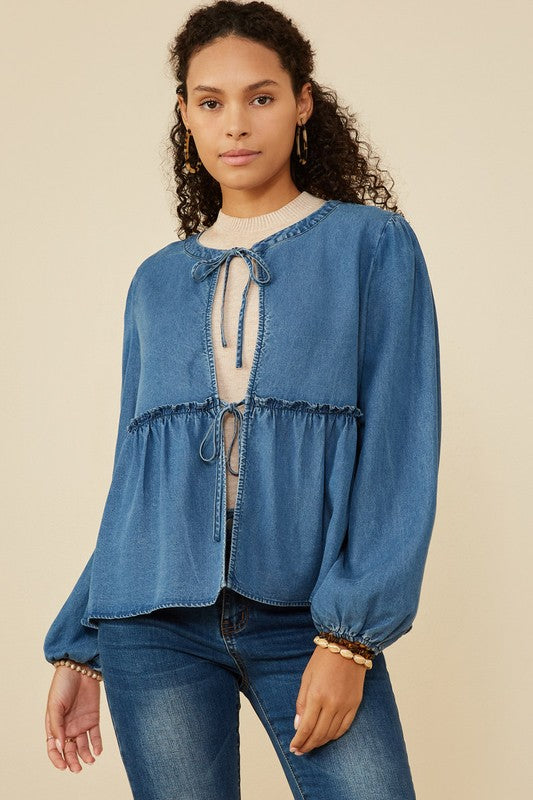 Ruffle Detail Denim Tie Front Cardigan