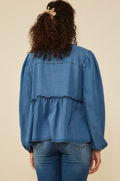 Ruffle Detail Denim Tie Front Cardigan