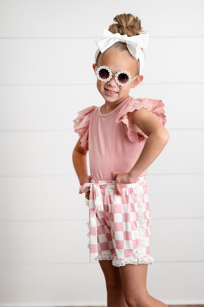 Girls Pink Lace Checkered Short Set