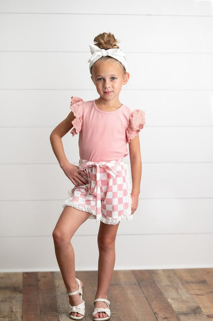 Girls Pink Lace Checkered Short Set