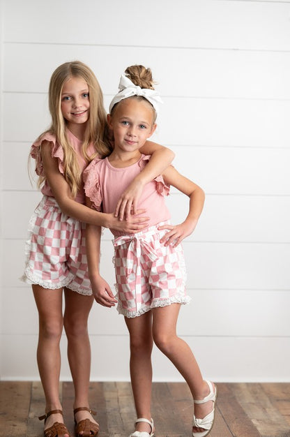 Girls Pink Lace Checkered Short Set