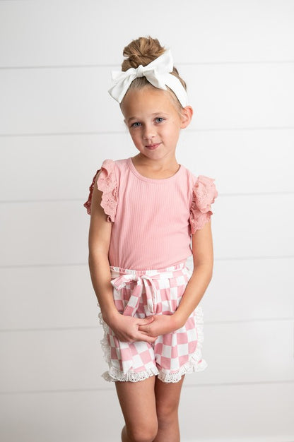 Girls Pink Lace Checkered Short Set