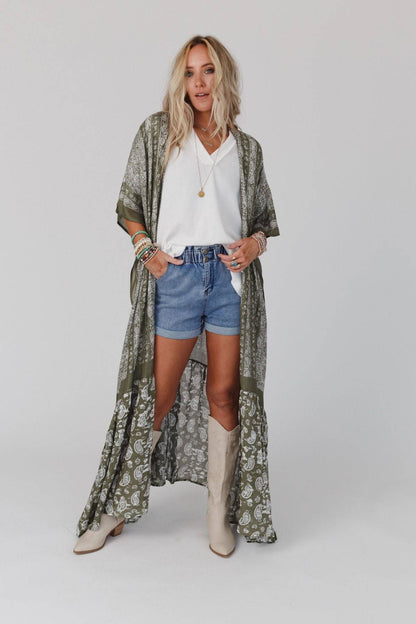 Paisley Tapestry Free Flow Duster Kimono - Olive