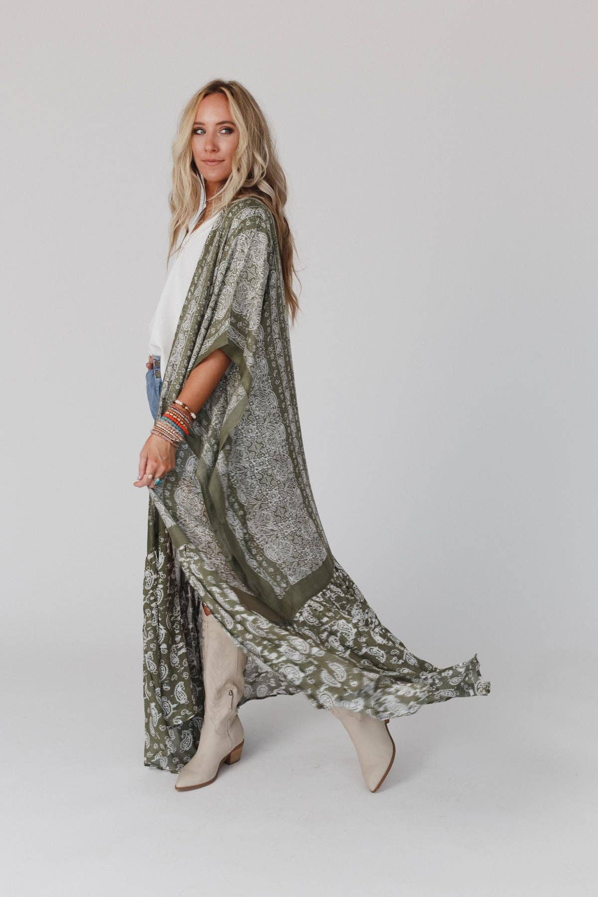 Paisley Tapestry Free Flow Duster Kimono - Olive