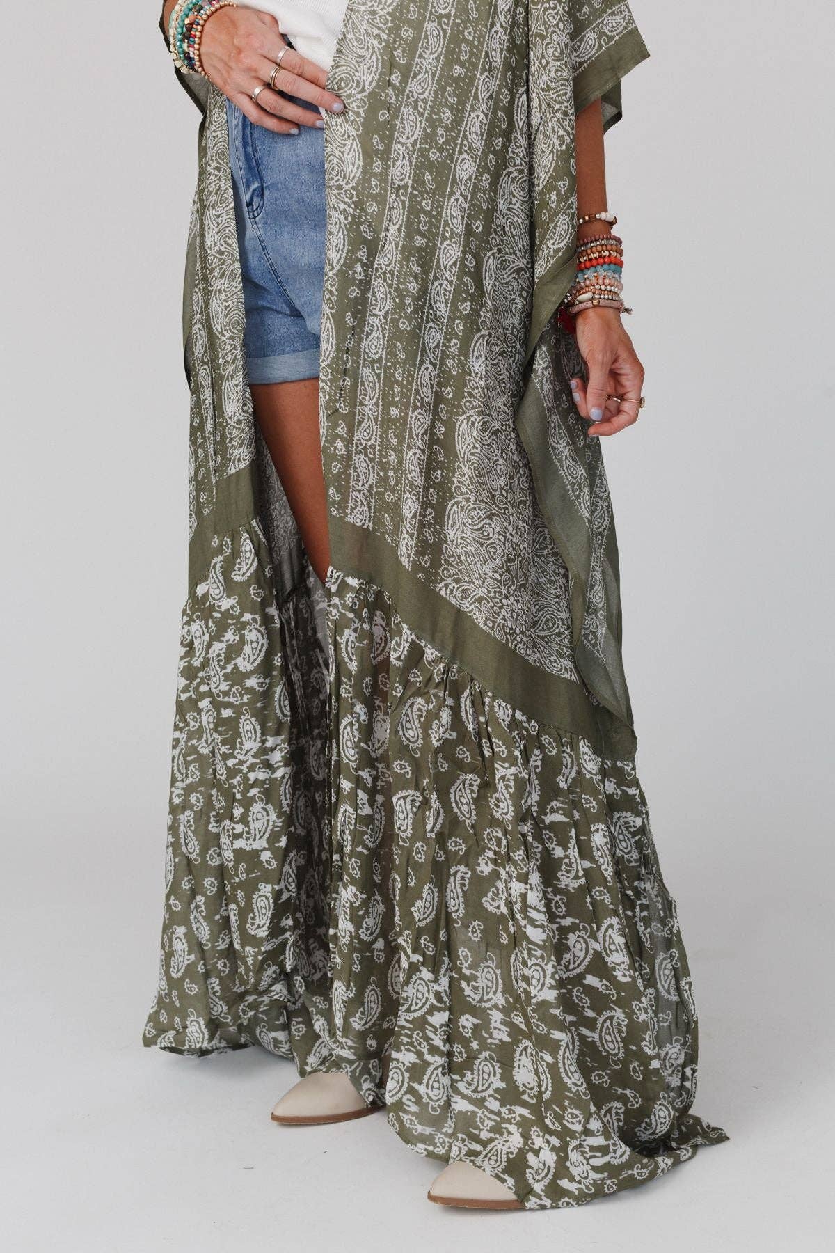 Paisley Tapestry Free Flow Duster Kimono - Olive