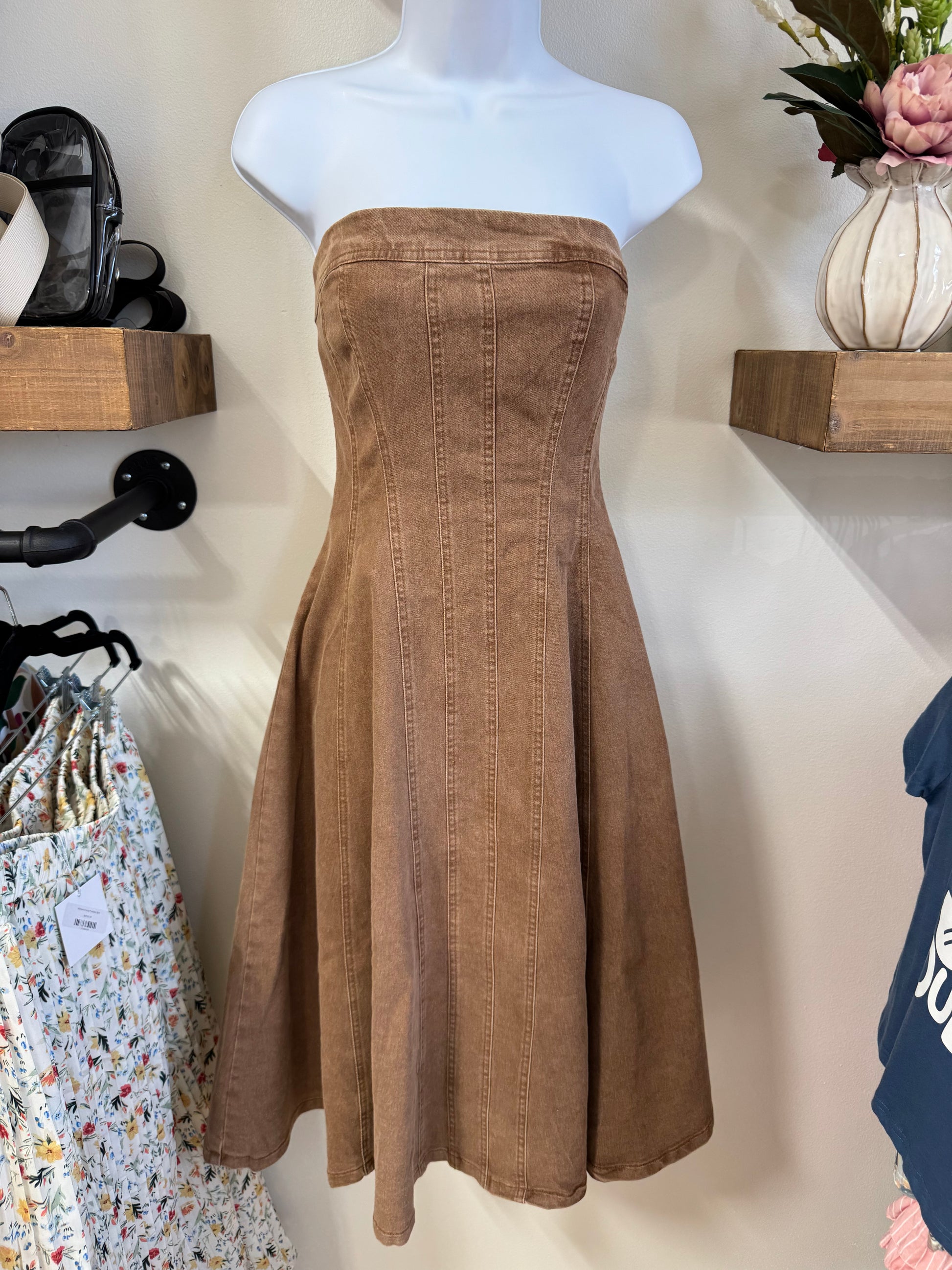 Strapless Denim Midi Dress