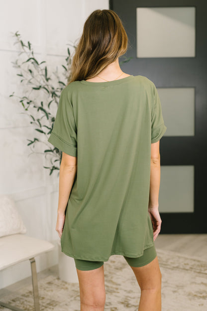 Buttery Soft V-Neck Bike Short Set in Light Olive
