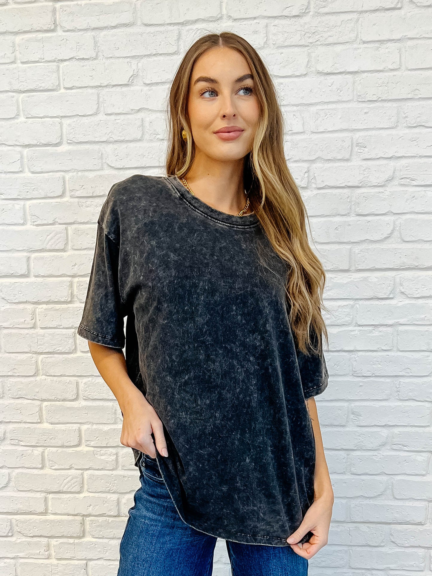 Casual Basic Drop Shoulder Oversized Tee in Ash Black