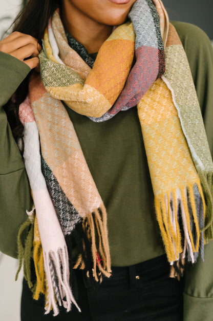 Keep Me Cozy Checkered Fringe Scarf in Pine and Petals