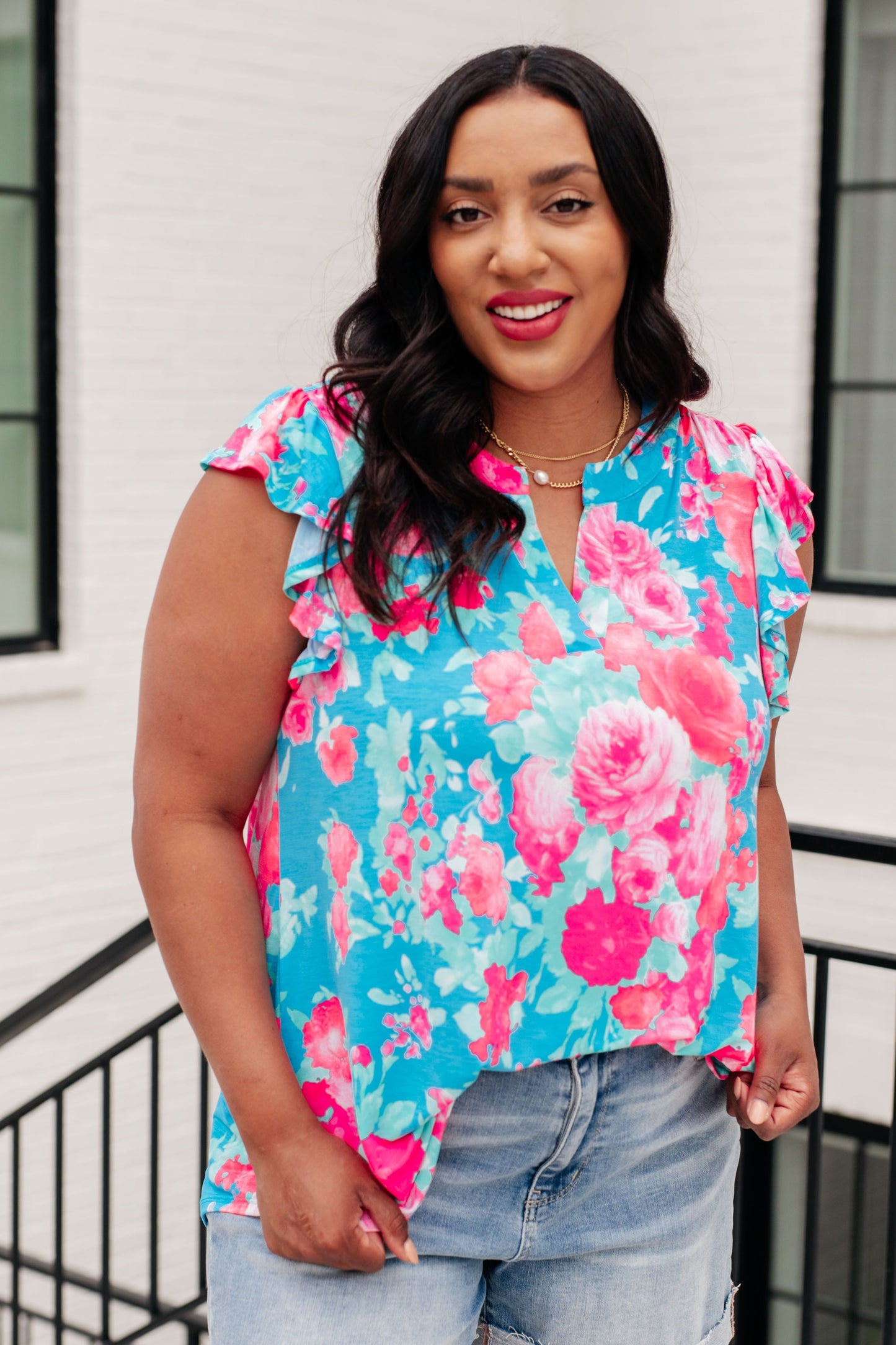 Lizzy Flutter Sleeve Top in Blue and Pink Roses