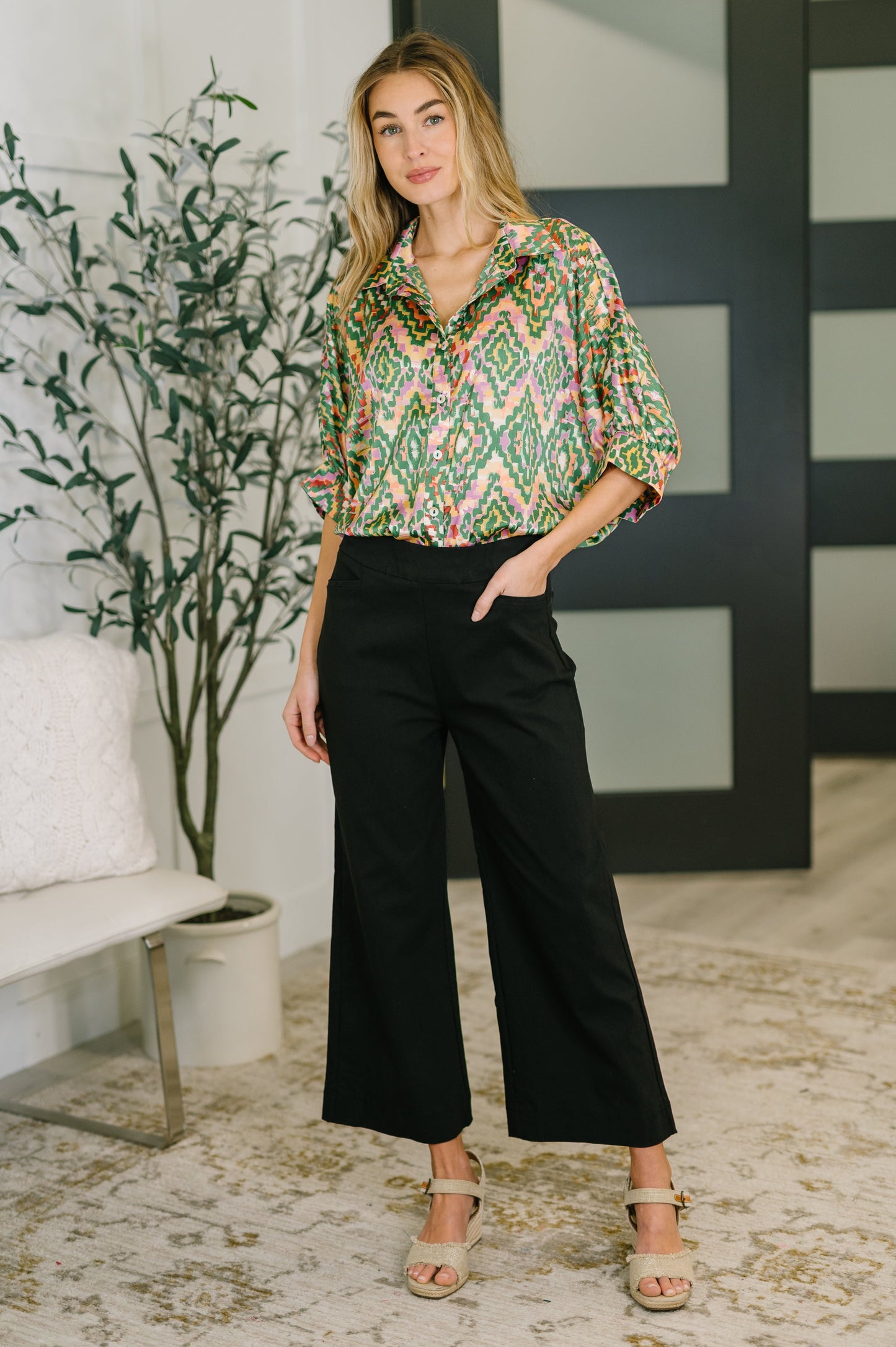 Optical Illusion Button Up Blouse