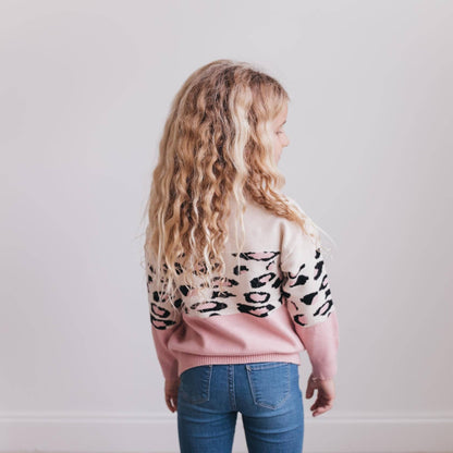 Kids Pink Cream Leopard Crew Neck Fall Winter Sweater