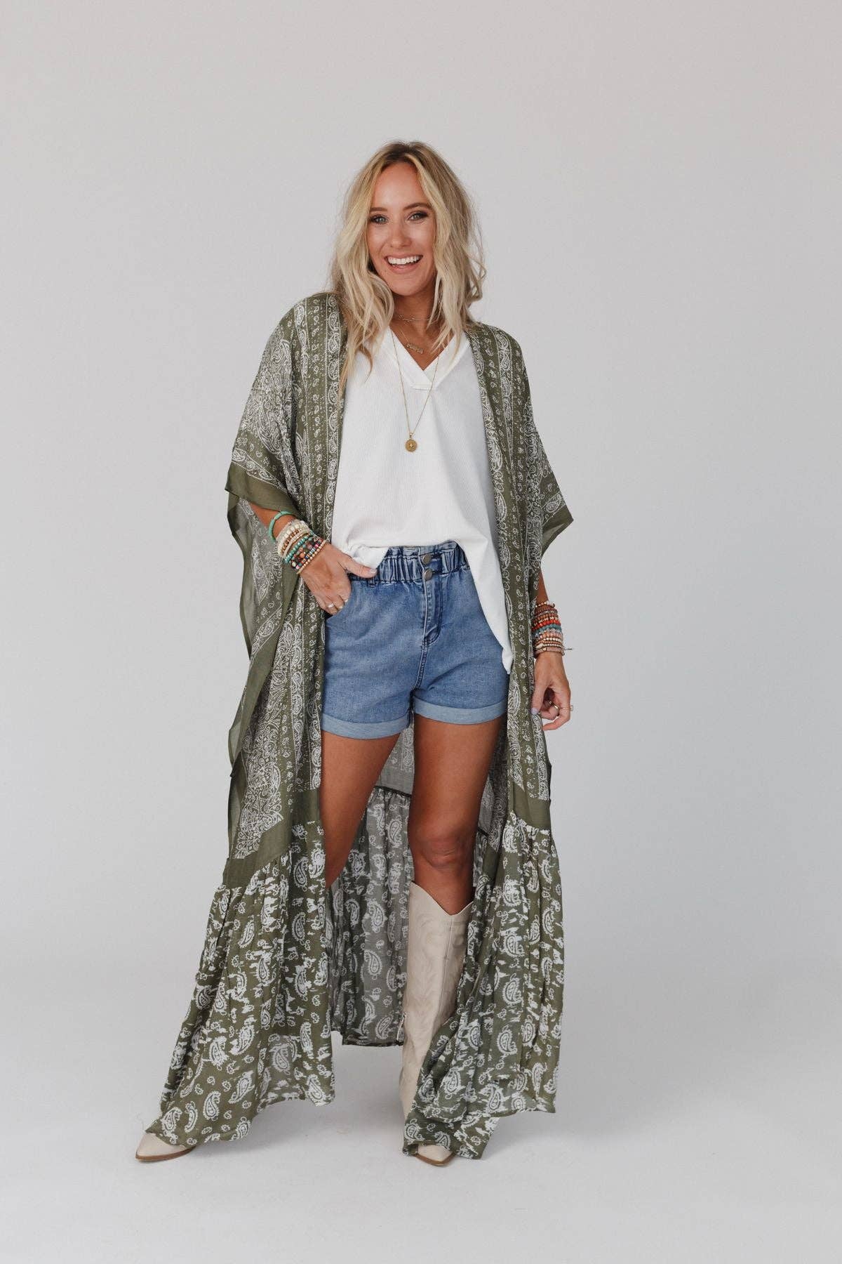 Paisley Tapestry Free Flow Duster Kimono - Olive