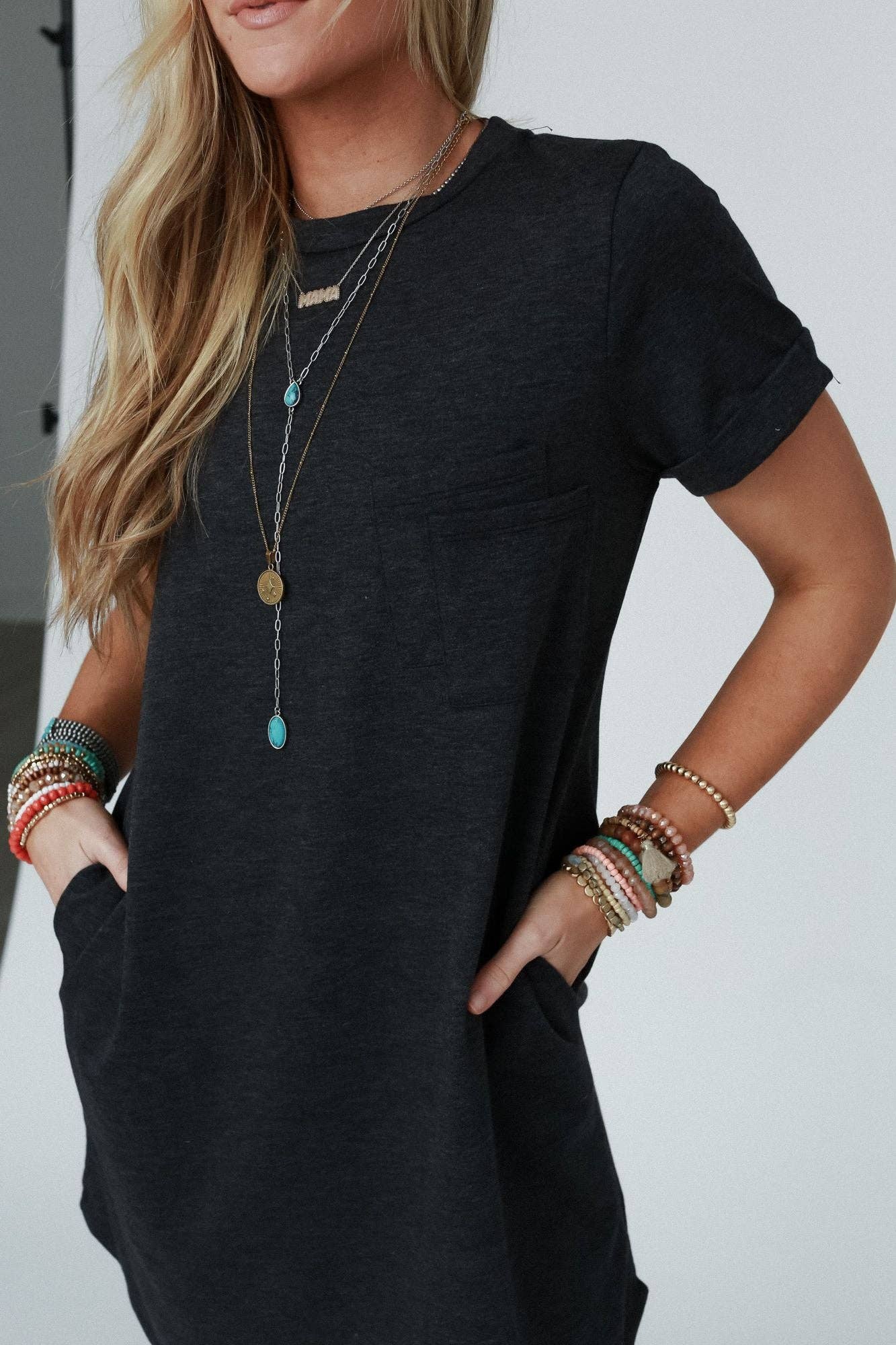 On The Daily Pocket Tee Dress - Charcoal 2Tone