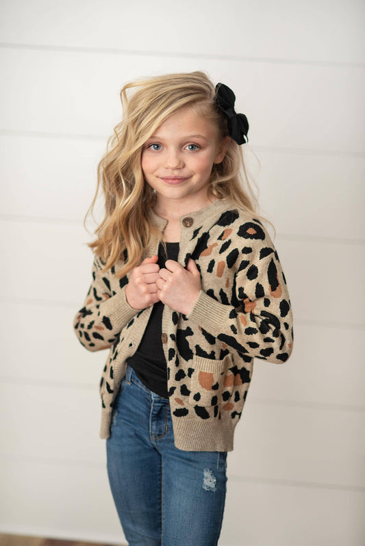 Kids Leopard Button Pocket Cardigan Fall Winter Sweater