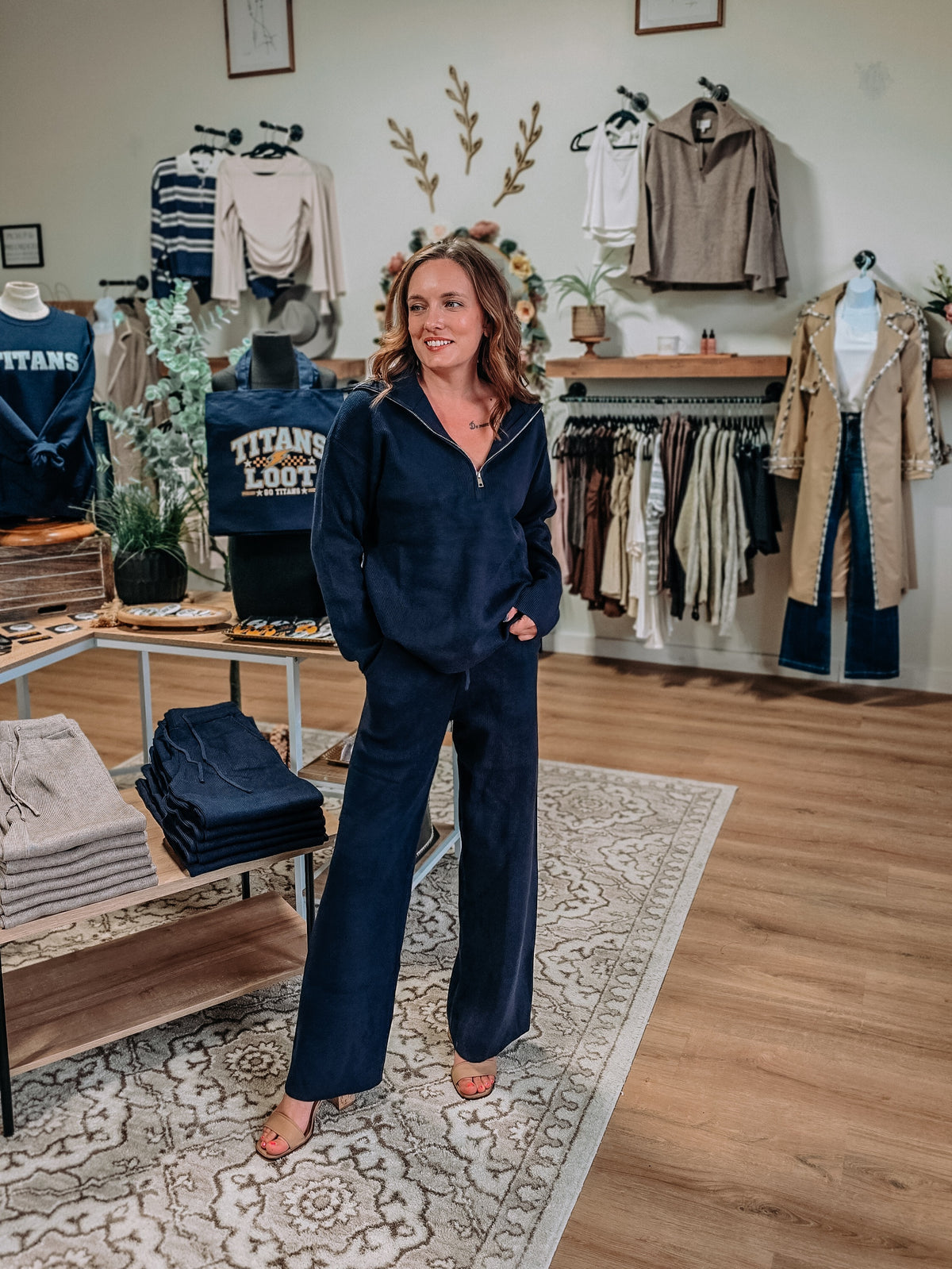 Half-Zip Sweater & Wide-Leg Pants Set - Navy