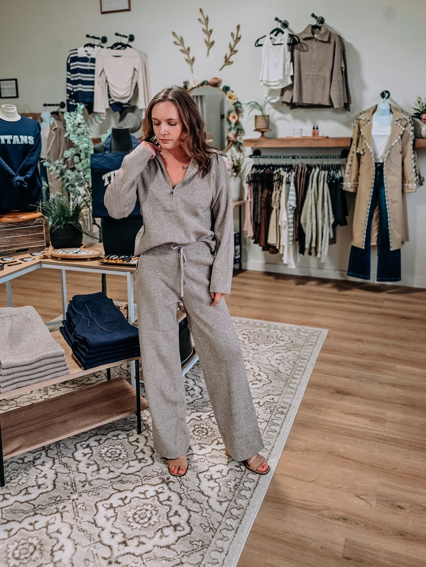 Half-Zip Sweater & Wide-Leg Pants Set - Mocha