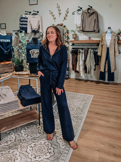 Half-Zip Sweater & Wide-Leg Pants Set - Navy