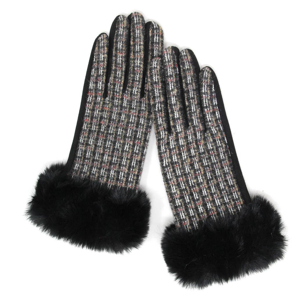 Tweed Pattern with Faux Fur Cuff Smart Gloves