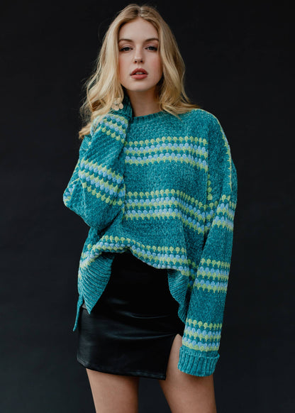 Teal Chenille Striped Sweater