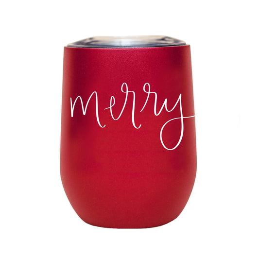 Merry - Hand Lettered Red Metal Wine Tumbler - 12 oz