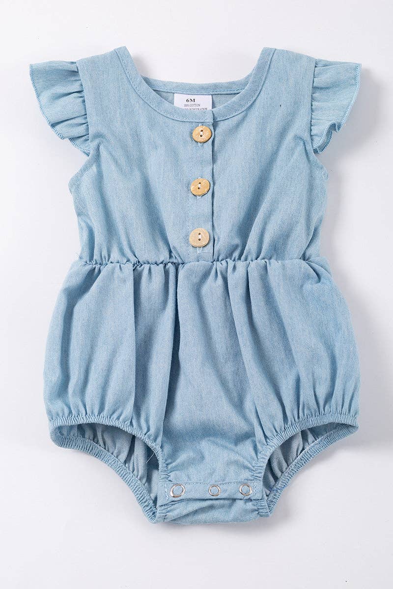 Baby - Blue Ruffle Button Denim Baby Girl Romper