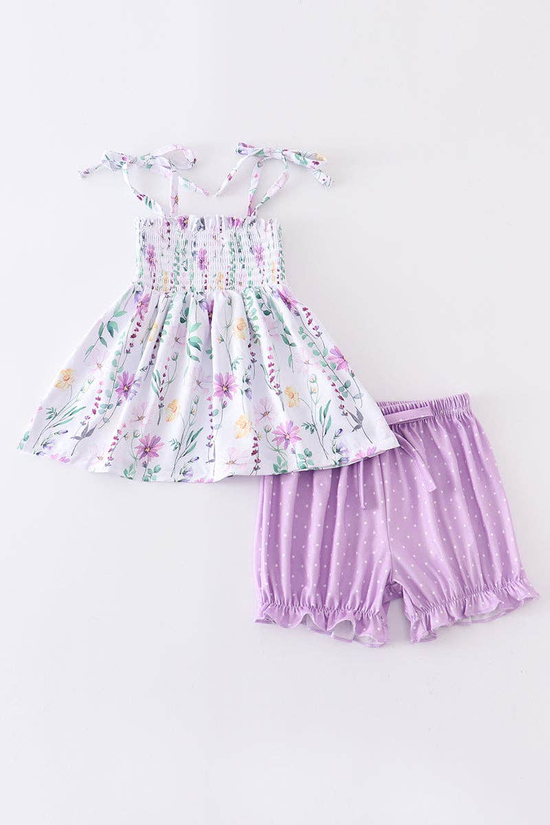 Toddler - Purple Floral Print Smocked Strap Girl Set